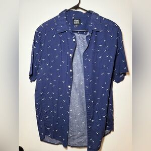 Rebel Star men's XXL short-sleeve navy button-up white bird pattern linen blend